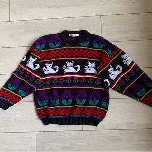 Vintage Cat With Flowers Sweater S-M